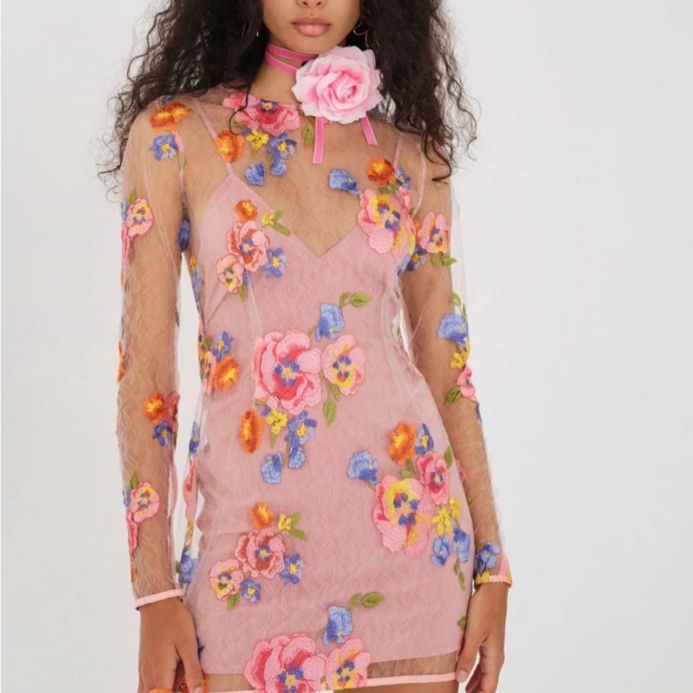 For Love And Lemons Pink Floral Long Sleeve Dress